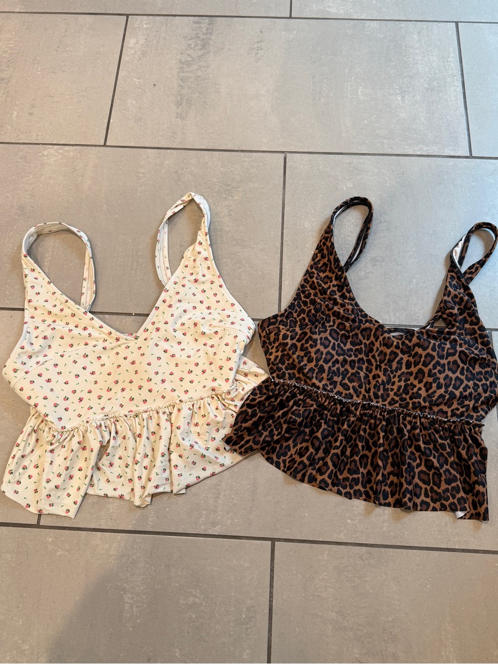 Kortni Jeane Cream Floral & Brown Leopard Ruffle Swim Tops